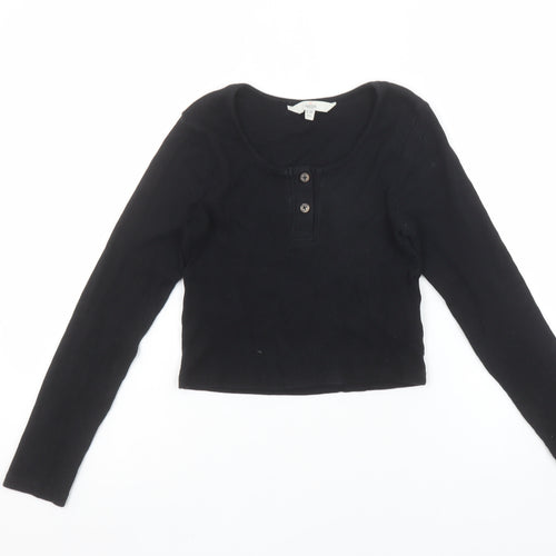 Miss E-Vie Girls Black Long Sleeve Cropped Button T-Shirt 9-10 Years