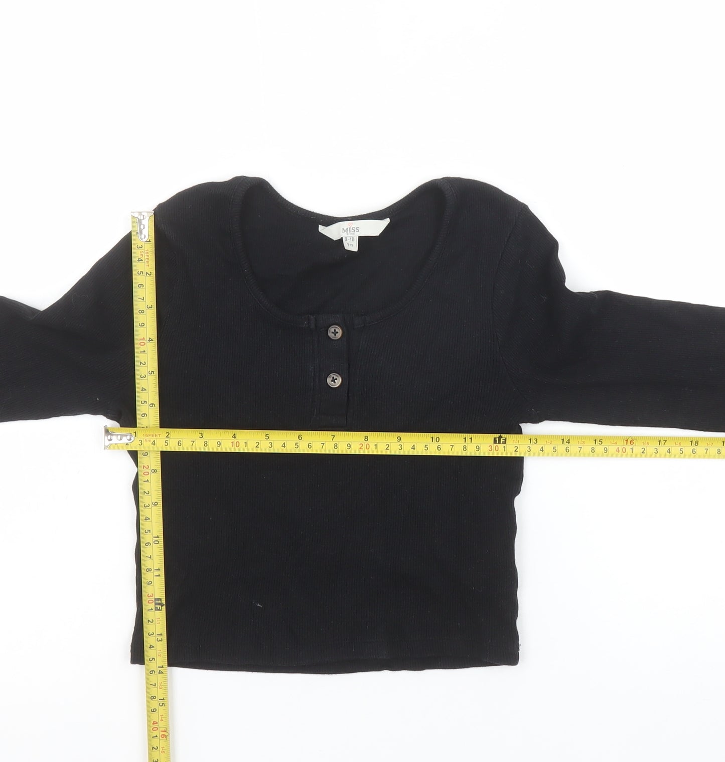 Miss E-Vie Girls Black Long Sleeve Cropped Button T-Shirt 9-10 Years