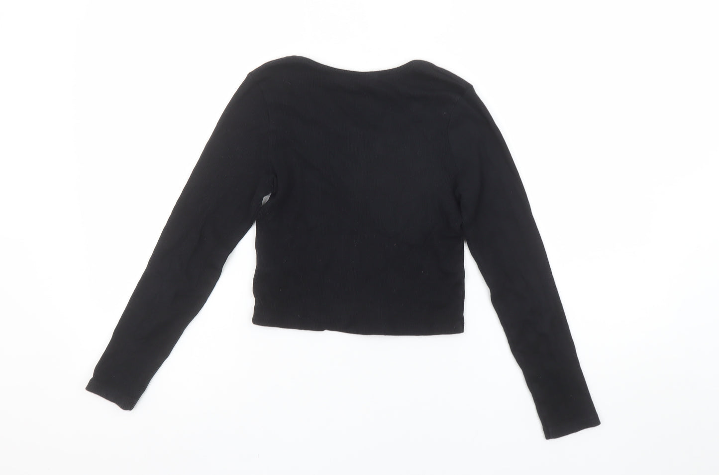 Miss E-Vie Girls Black Long Sleeve Cropped Button T-Shirt 9-10 Years