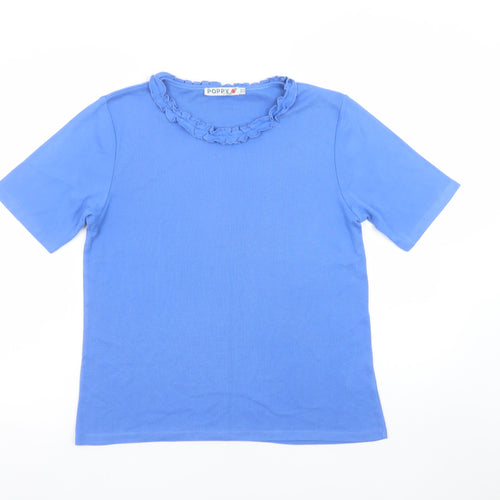 Poppy Womens Blue Ruffle Crew Neck Cotton Short Sleeve T-Shirt UK 16