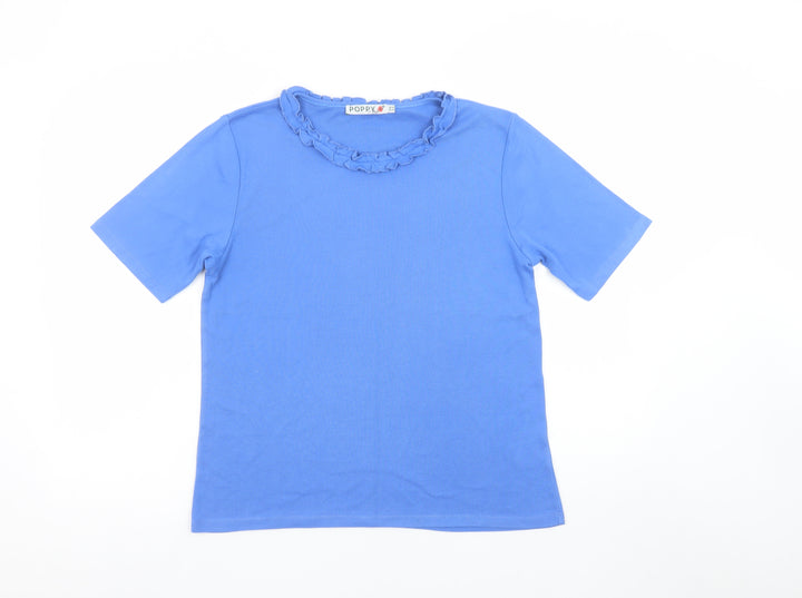 Poppy Womens Blue Ruffle Crew Neck Cotton Short Sleeve T-Shirt UK 16