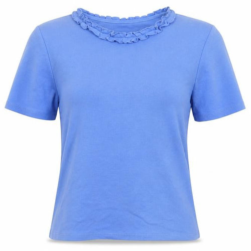 Poppy Womens Blue Ruffle Crew Neck Cotton Short Sleeve T-Shirt UK 16