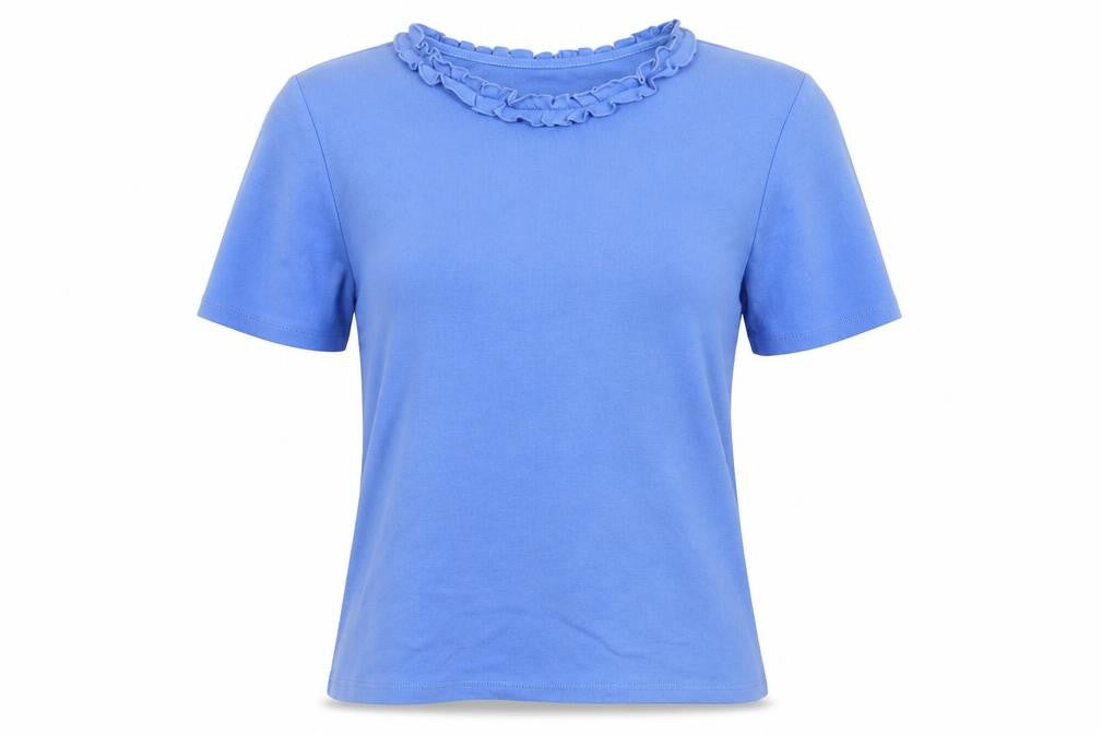 Poppy Womens Blue Ruffle Crew Neck Cotton Short Sleeve T-Shirt UK 16