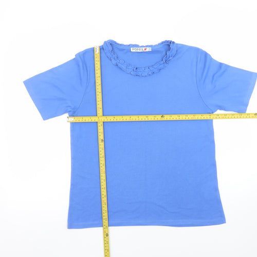 Poppy Womens Blue Ruffle Crew Neck Cotton Short Sleeve T-Shirt UK 16