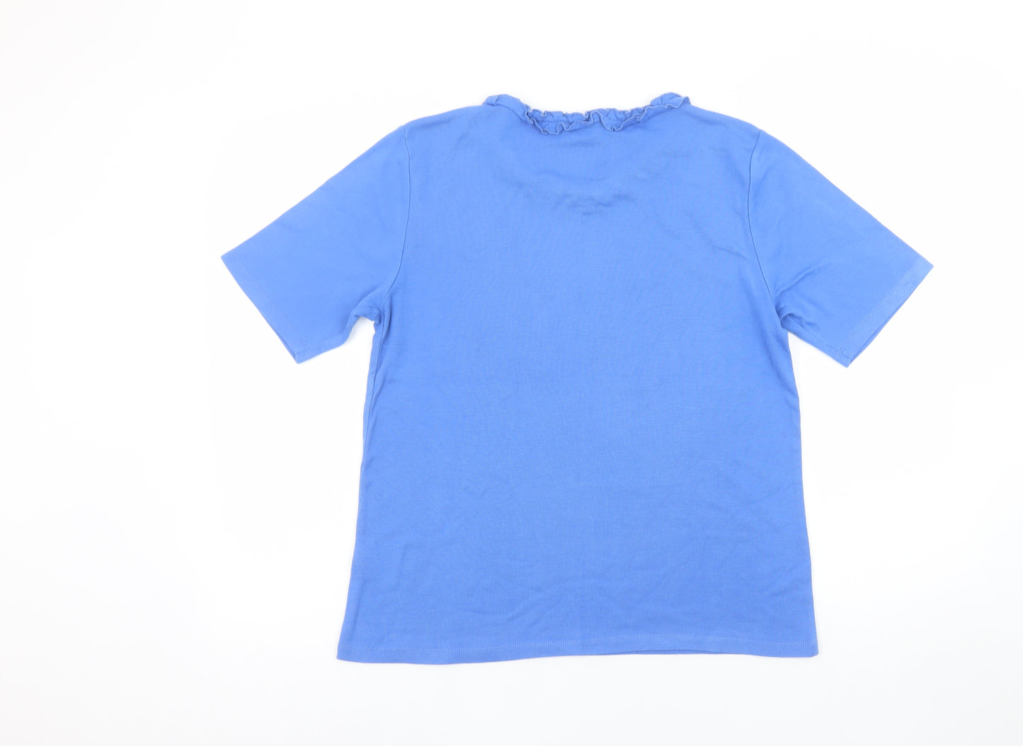 Poppy Womens Blue Ruffle Crew Neck Cotton Short Sleeve T-Shirt UK 16