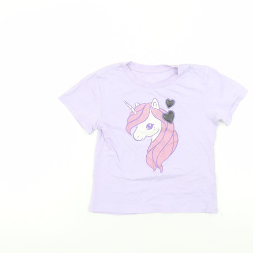 H&M Girls Purple Unicorn Graphic T-Shirt 4-6 Years Short Sleeve Cotton