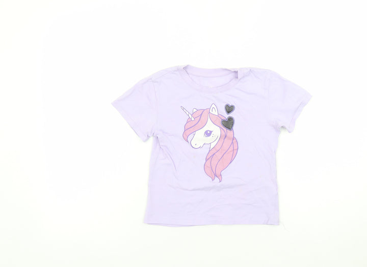 H&M Girls Purple Unicorn Graphic T-Shirt 4-6 Years Short Sleeve Cotton