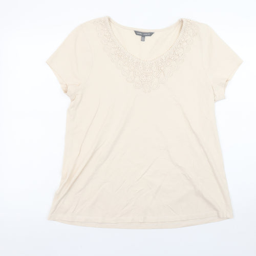 Laura Ashley Women’s Beige Embroidered Cotton Scoop Neck T-Shirt UK 14