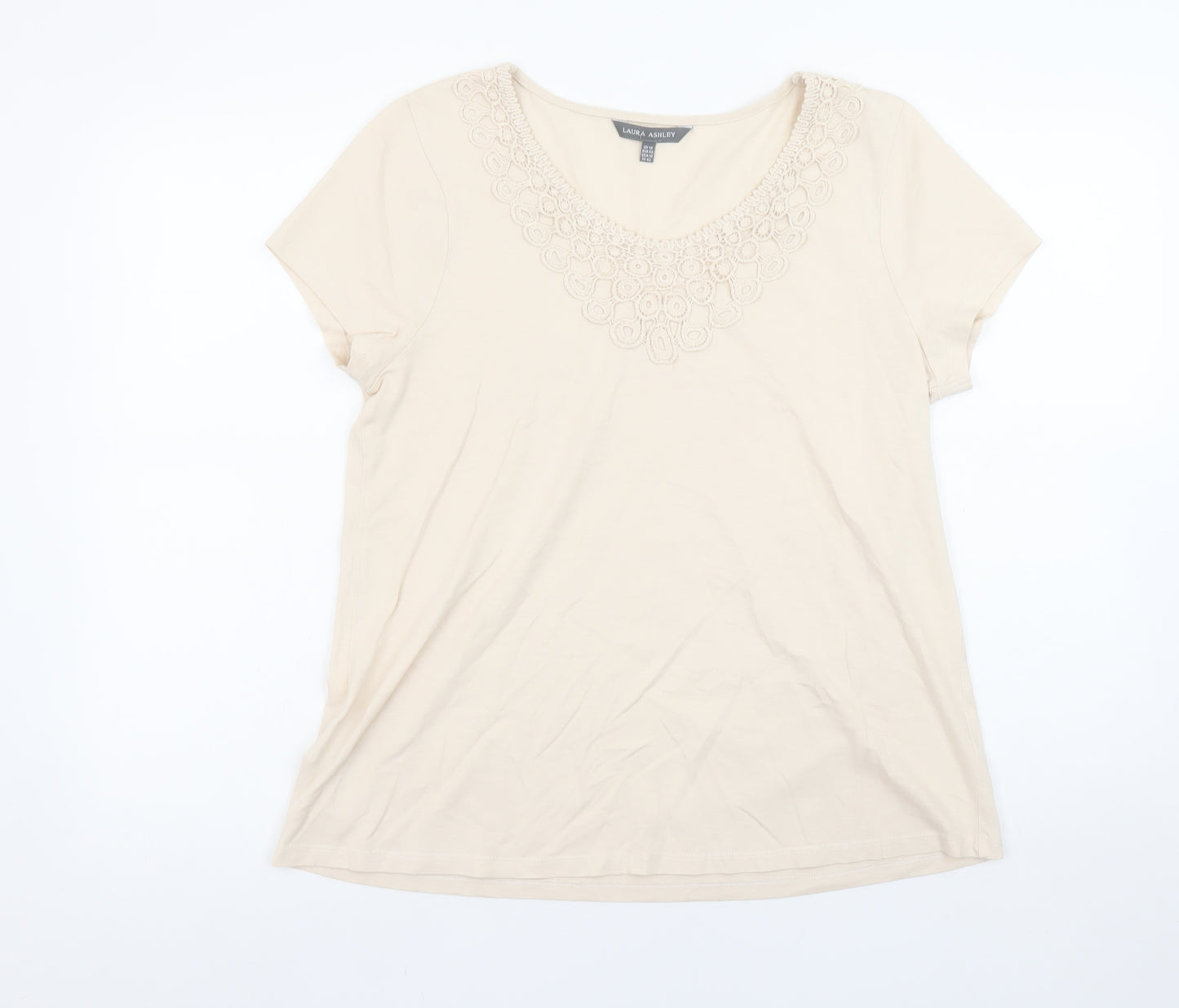 Laura Ashley Women’s Beige Embroidered Cotton Scoop Neck T-Shirt UK 14