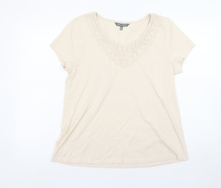 Laura Ashley Women’s Beige Embroidered Cotton Scoop Neck T-Shirt UK 14