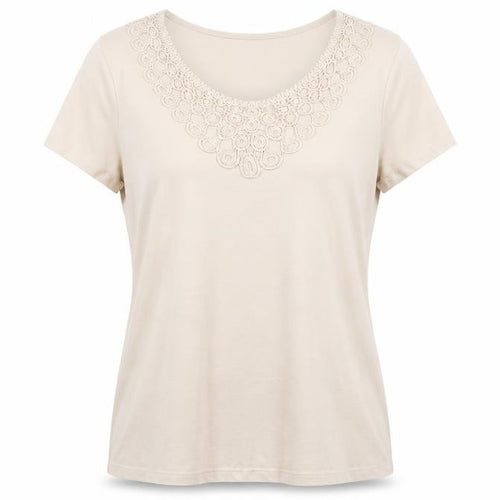 Laura Ashley Women’s Beige Embroidered Cotton Scoop Neck T-Shirt UK 14