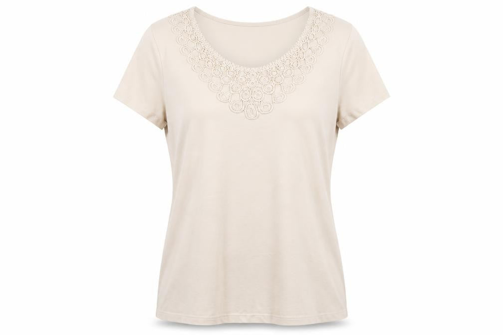 Laura Ashley Women’s Beige Embroidered Cotton Scoop Neck T-Shirt UK 14