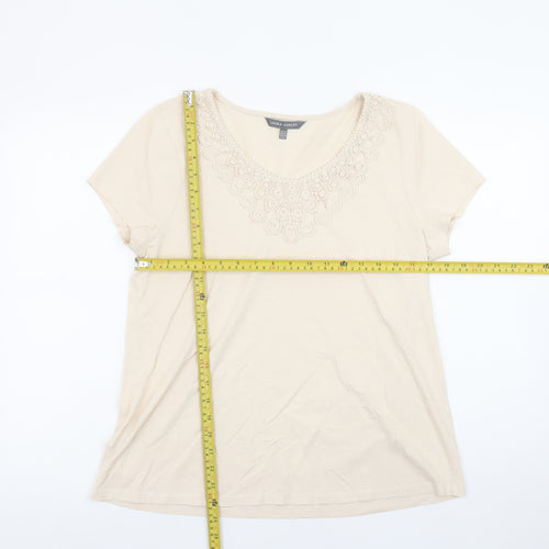 Laura Ashley Women’s Beige Embroidered Cotton Scoop Neck T-Shirt UK 14