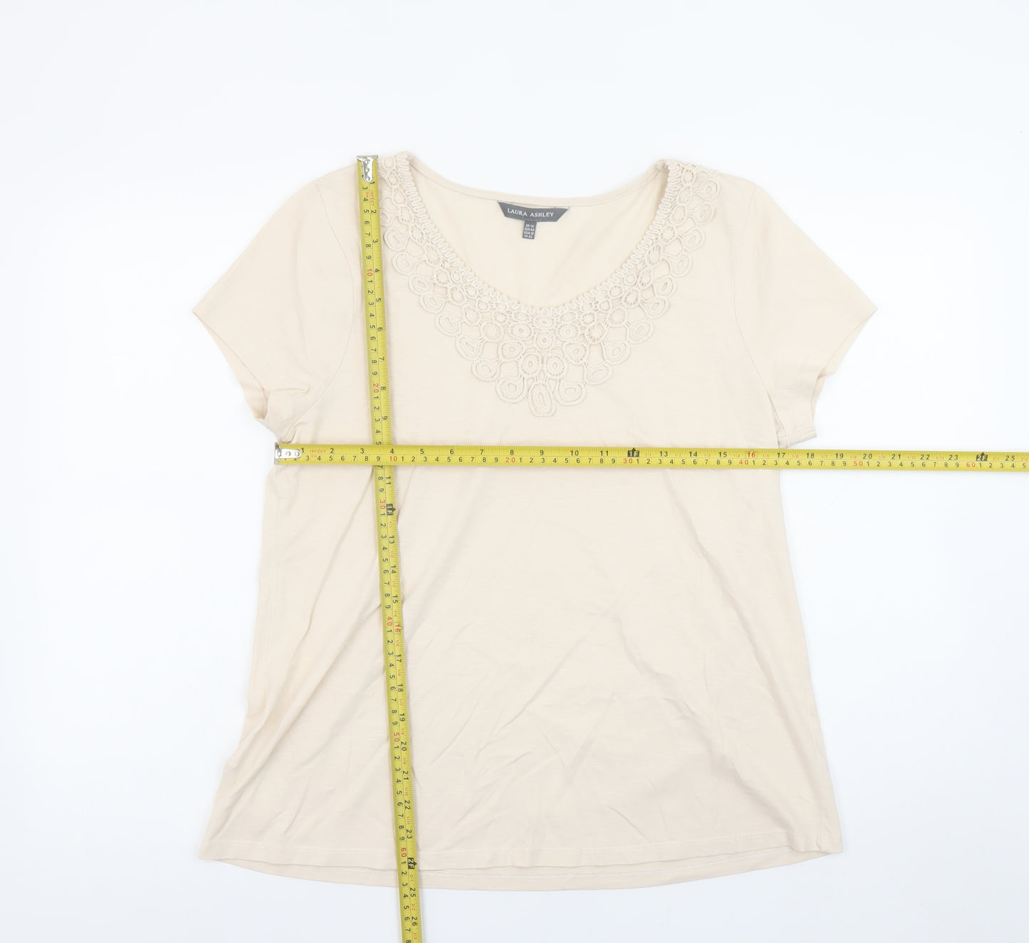 Laura Ashley Women’s Beige Embroidered Cotton Scoop Neck T-Shirt UK 14