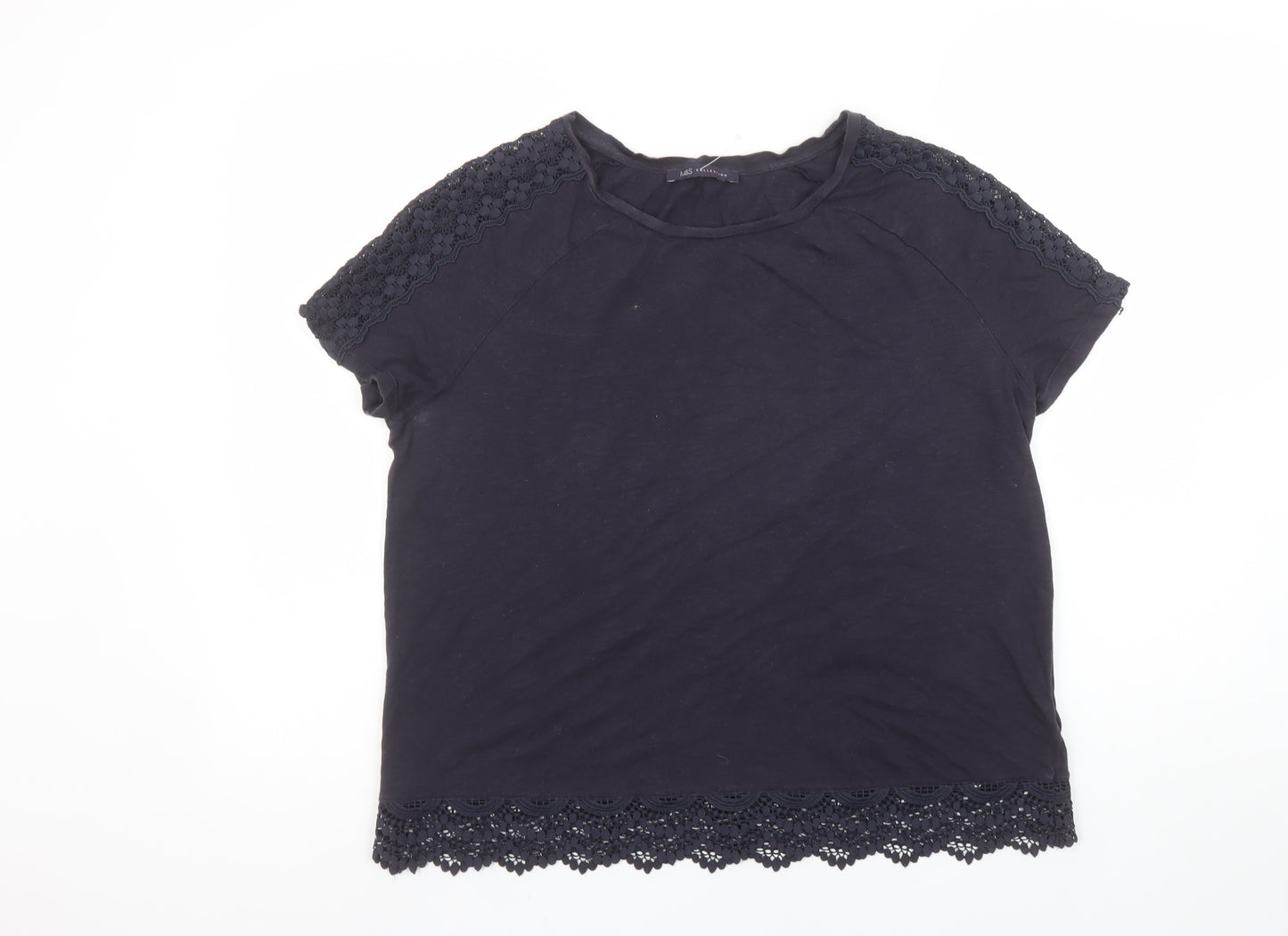 Marks and Spencer Women's Navy Crochet Trim Cotton T-Shirt UK 12