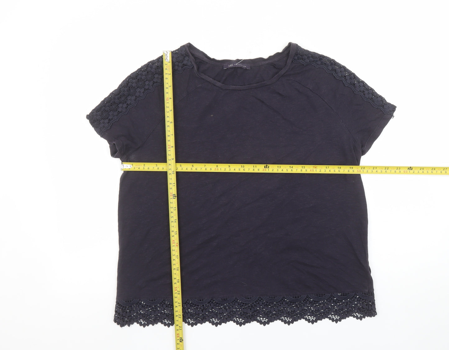 Marks and Spencer Women's Navy Crochet Trim Cotton T-Shirt UK 12