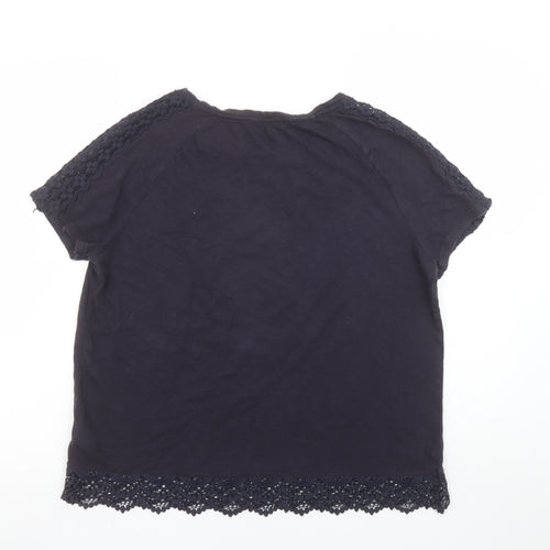 Marks and Spencer Women's Navy Crochet Trim Cotton T-Shirt UK 12
