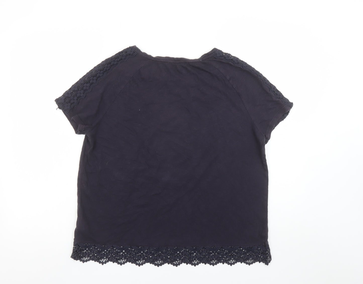 Marks and Spencer Women's Navy Crochet Trim Cotton T-Shirt UK 12