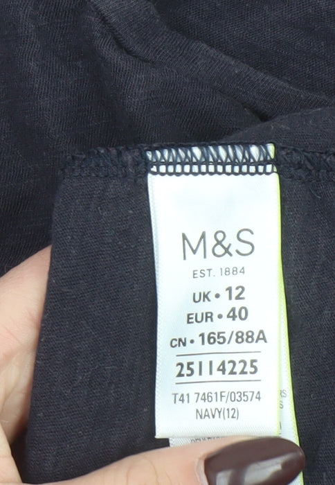 Marks and Spencer Women's Navy Crochet Trim Cotton T-Shirt UK 12