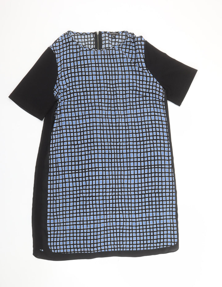 Warehouse Women Blue Geometric Shift Dress Size 16 Short Sleeve