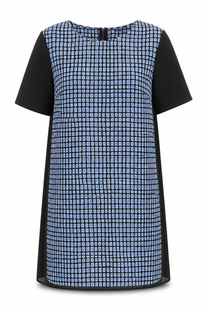 Front view of Warehouse Women Blue Geometric Shift Dress, size 16, Short Sleeve
