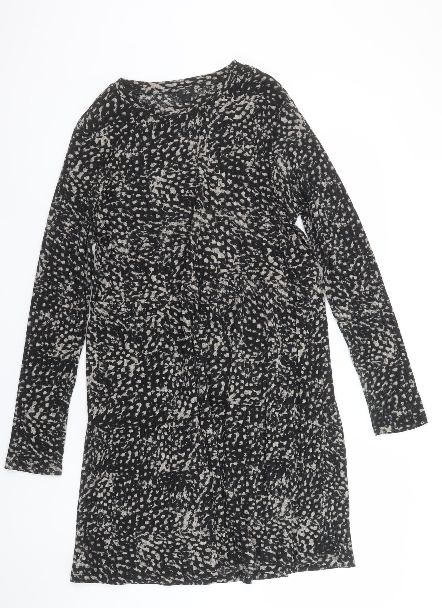 River Island Women's Black Animal Print Long Sleeve Shift Dress Size 16