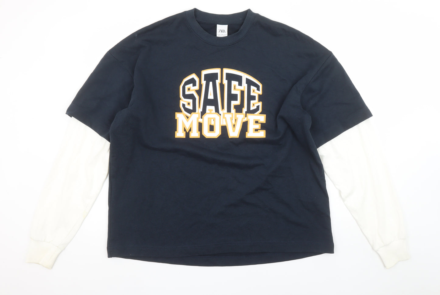 Zara Womens Navy Two Tone Pullover Sweatshirt Size 12 Graphic Print