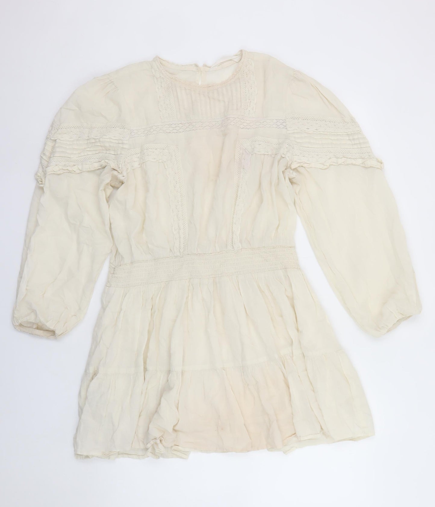 MNG Women Ivory Cotton Bohemian Short Dress M Long Sleeve Lace