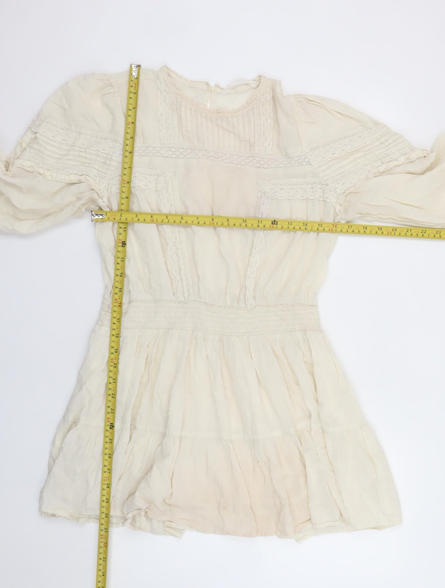 MNG Women Ivory Cotton Bohemian Short Dress M Long Sleeve Lace