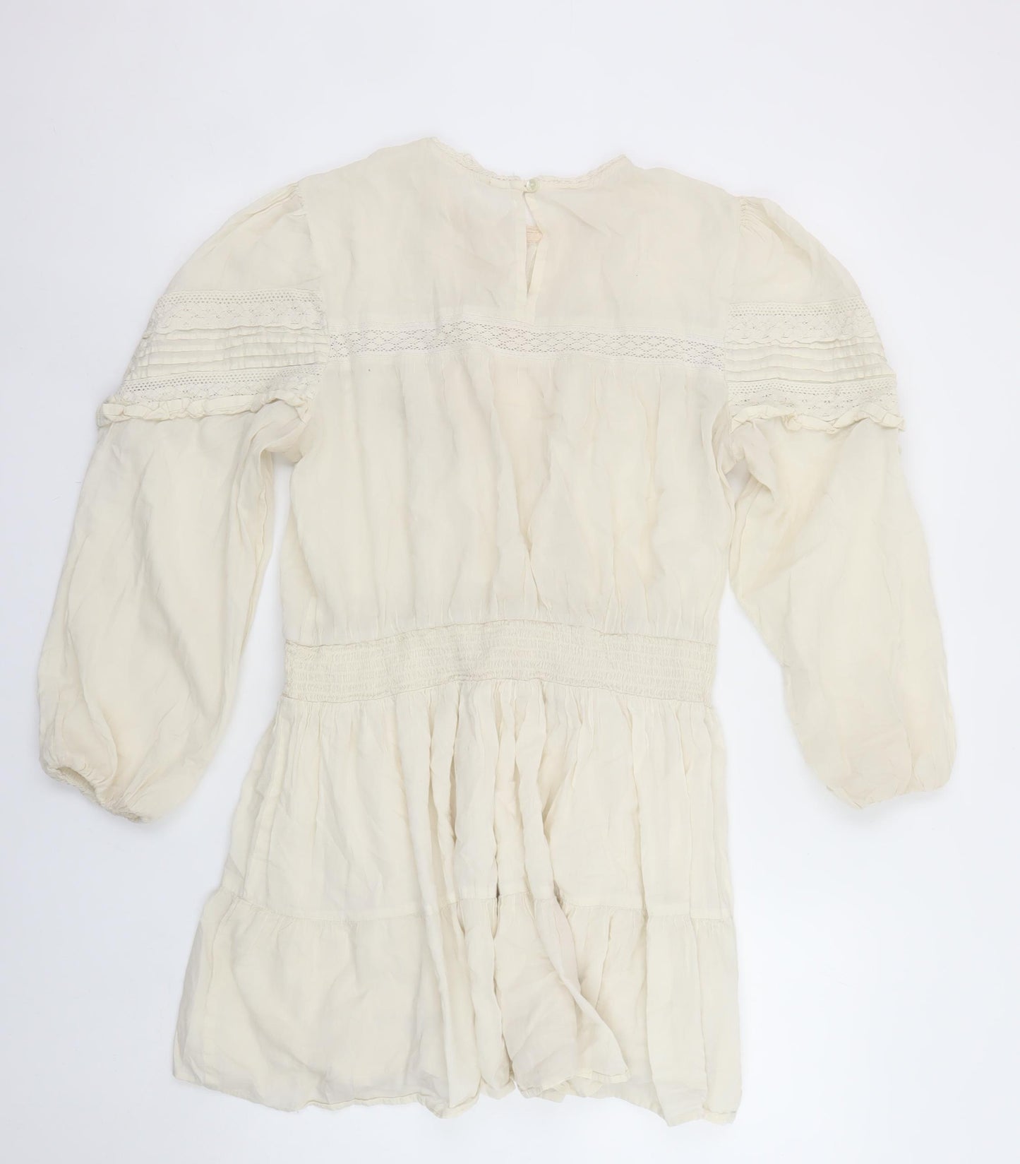 MNG Women Ivory Cotton Bohemian Short Dress M Long Sleeve Lace