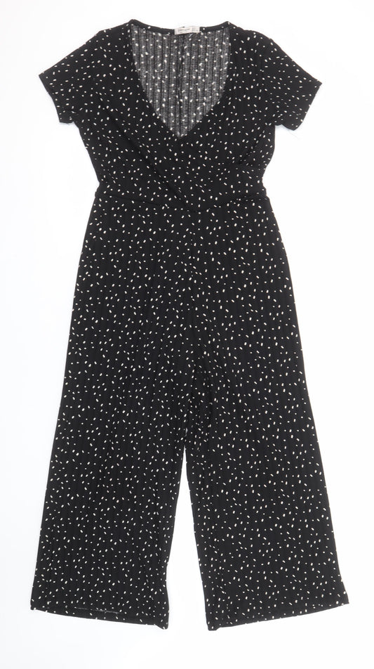 Stradivarius Women's Black Spot Print Jumpsuit Size L V-Neck Wide Leg