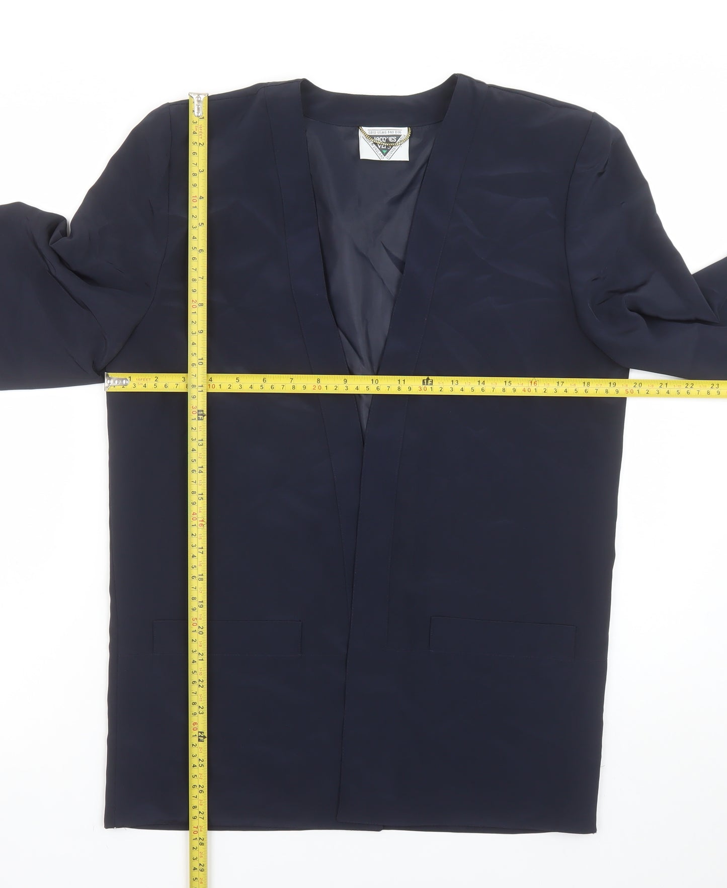 Jacques Vert Women Navy Blue Long Blazer Jacket Size 10 Classic Fit