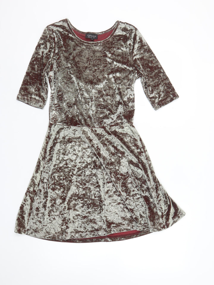 Topshop Women’s Brown Crushed Velvet Fit & Flare Dress UK 8