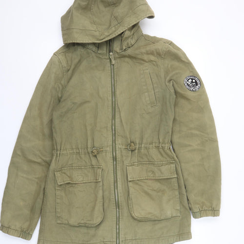 H&M Girls Green Cotton Hooded Parka Coat 14-15 Years Zip Pockets Casual