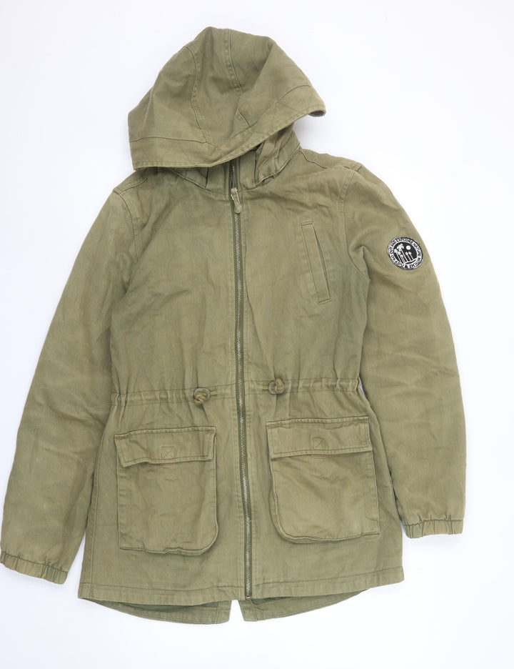 H&M Girls Green Cotton Hooded Parka Coat 14-15 Years Zip Pockets Casual