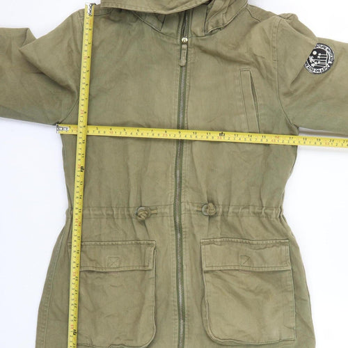 H&M Girls Green Cotton Hooded Parka Coat 14-15 Years Zip Pockets Casual