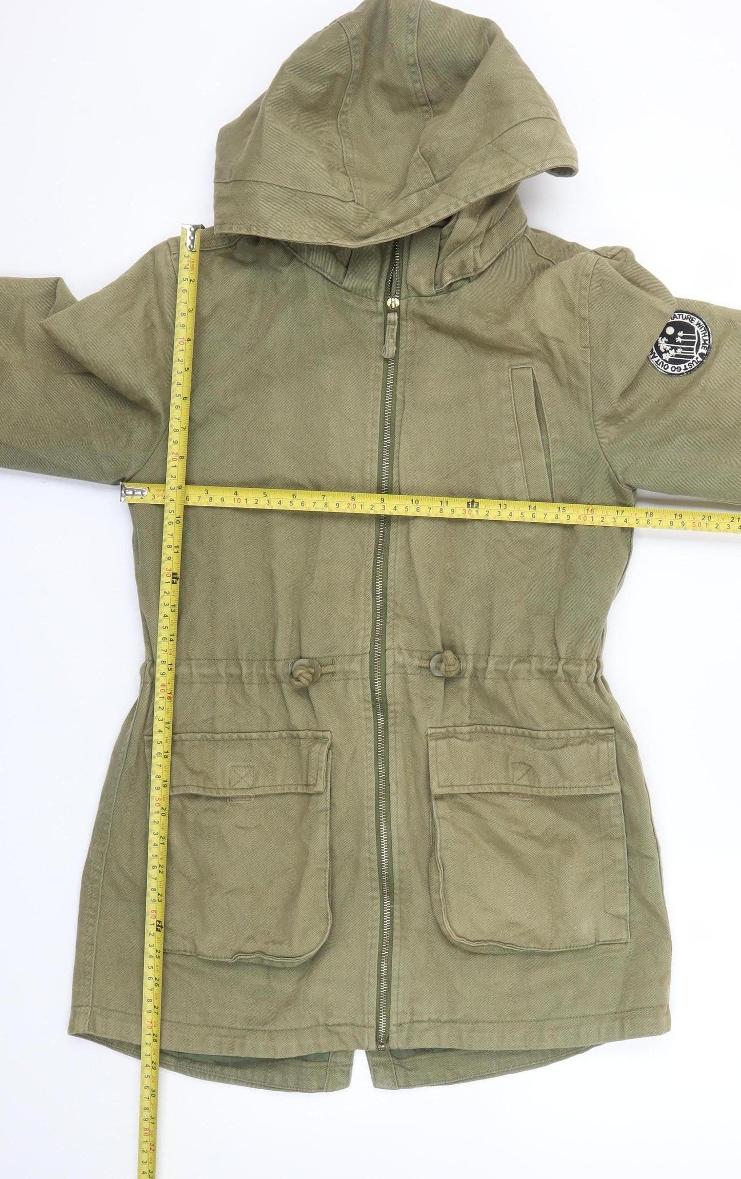 H&M Girls Green Cotton Hooded Parka Coat 14-15 Years Zip Pockets Casual