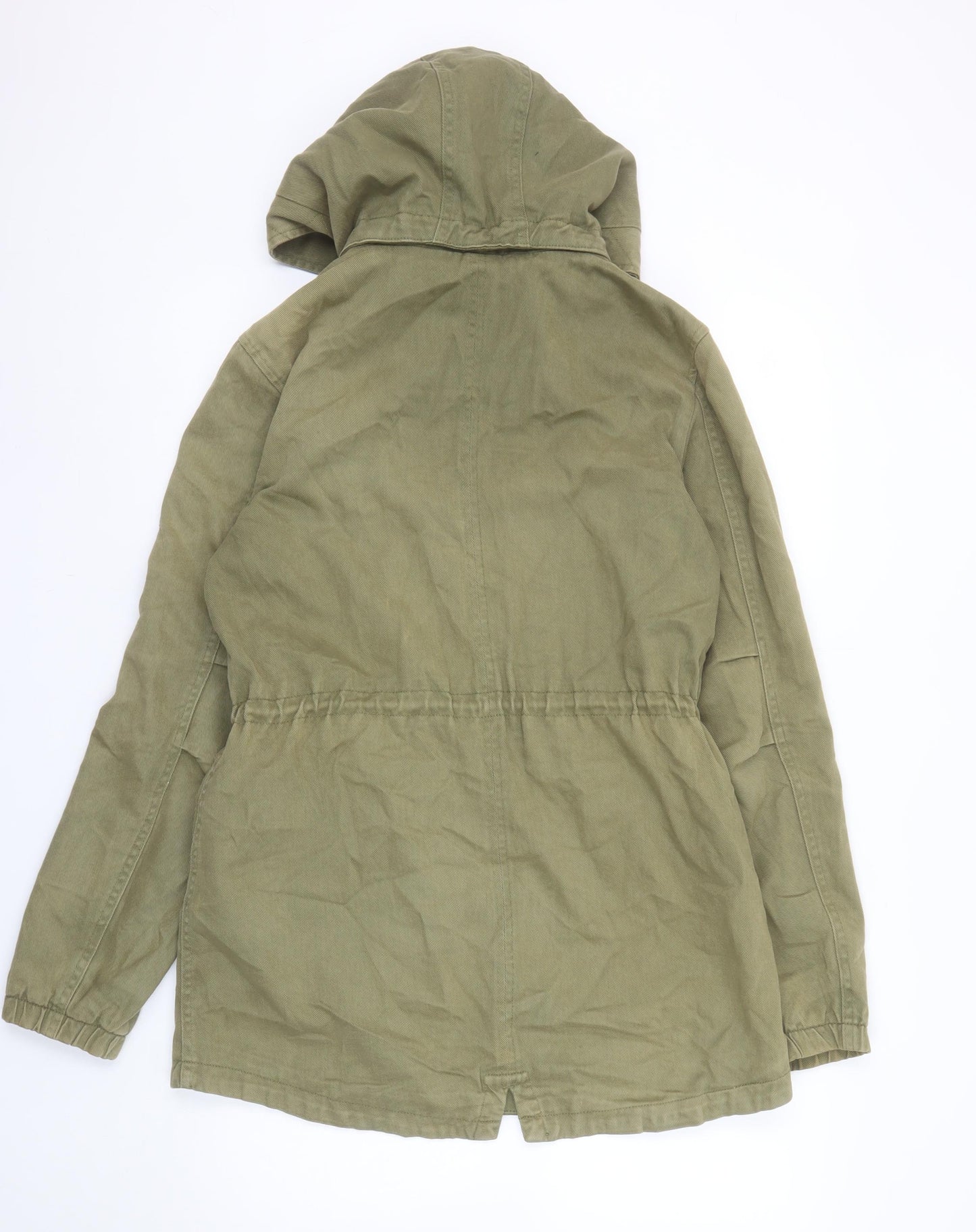 H&M Girls Green Cotton Hooded Parka Coat 14-15 Years Zip Pockets Casual