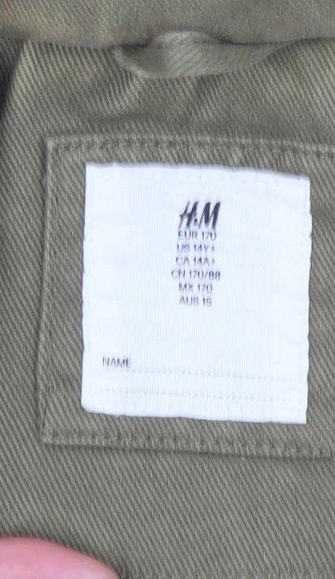 H&M Girls Green Cotton Hooded Parka Coat 14-15 Years Zip Pockets Casual