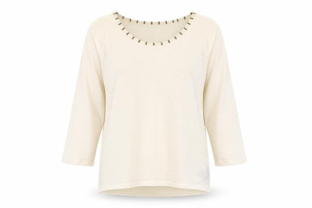 Front view of Maison Scotch Women's Ivory Beaded Neck 3/4 Sleeve Blouse, size 10