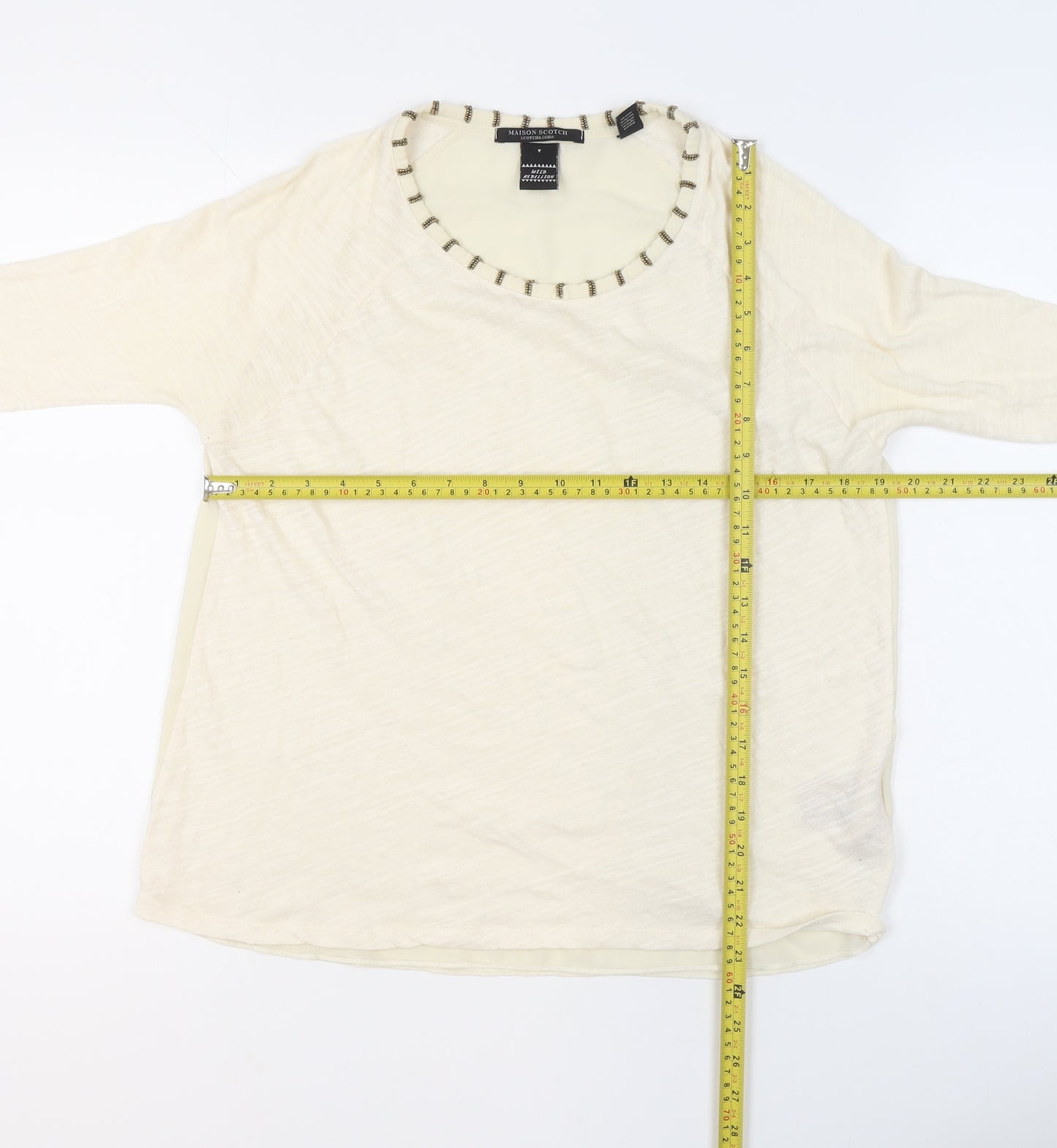Maison Scotch Women's Ivory Beaded Neck 3/4 Sleeve Blouse Size 10