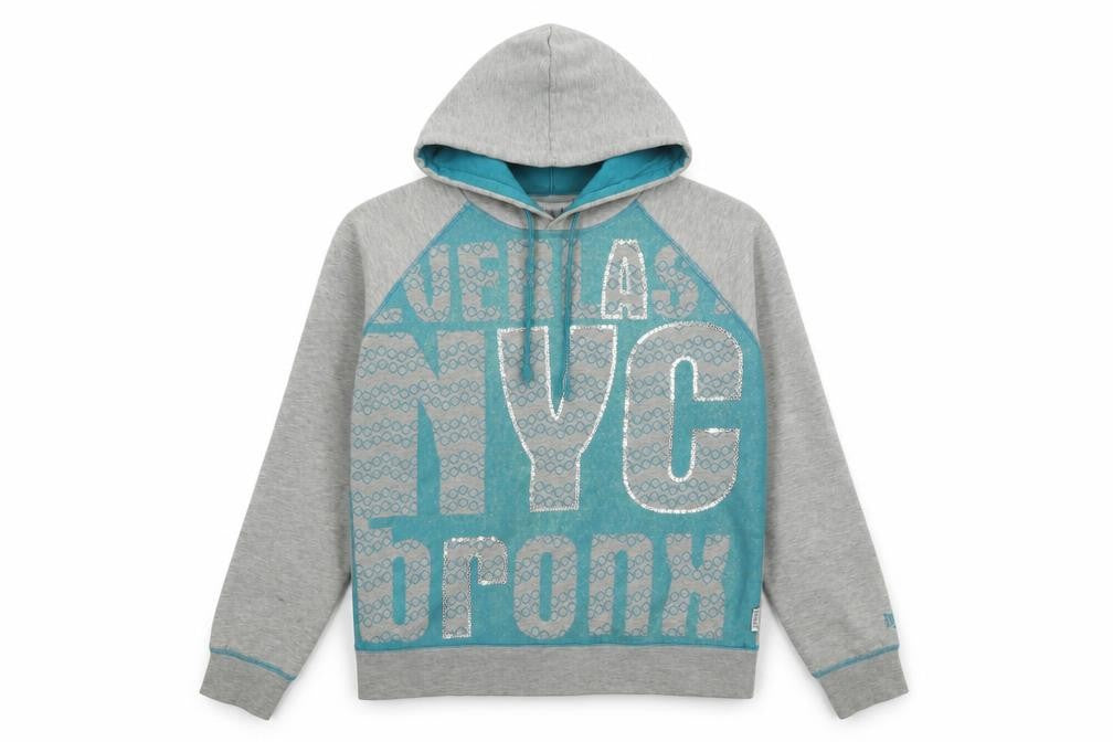 Front view of Everlast Women's Grey Blue NYC Bronx Sequin Hoodie, size 16