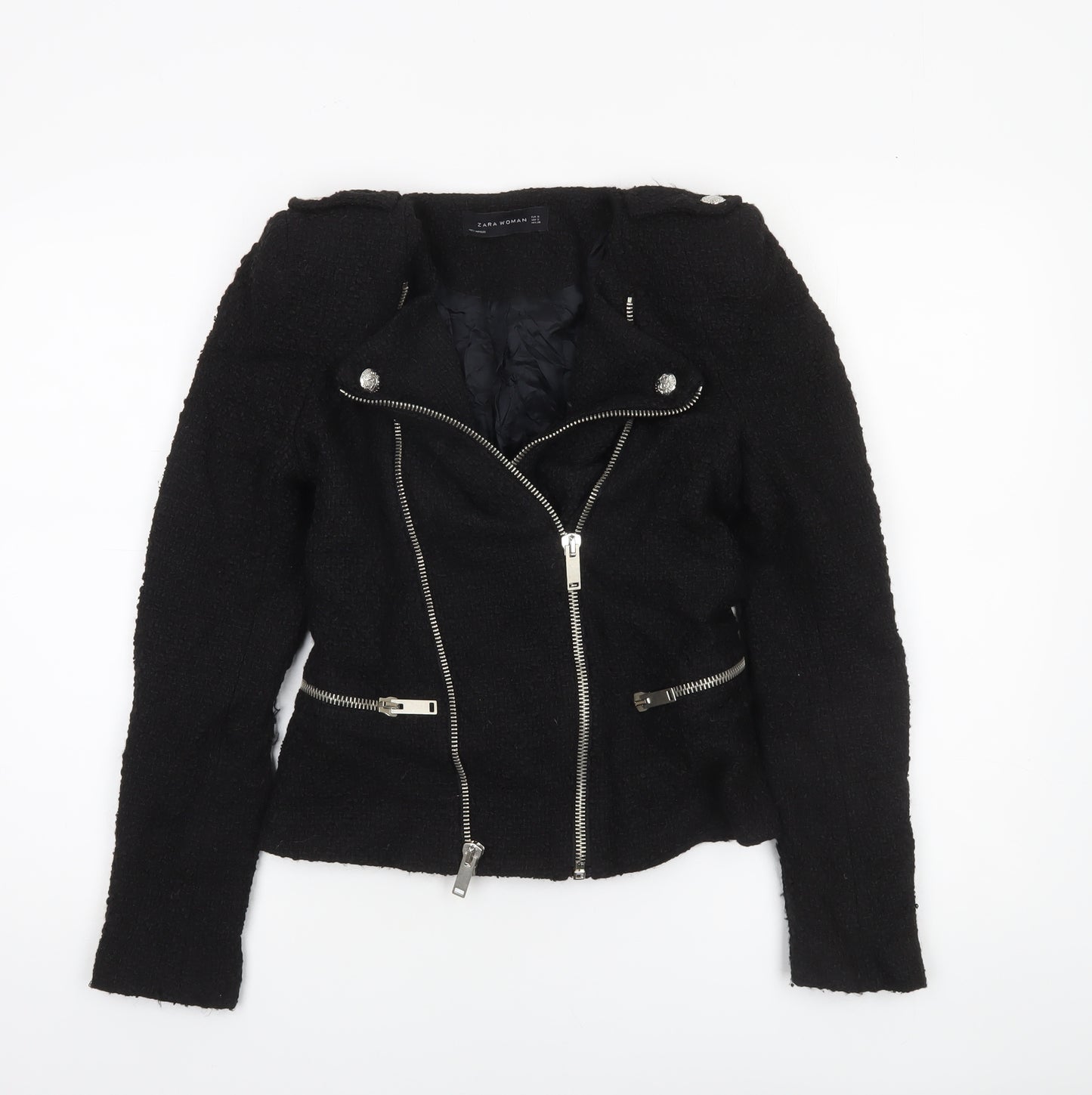 Zara Women Black Wool Blend Biker Jacket Size S