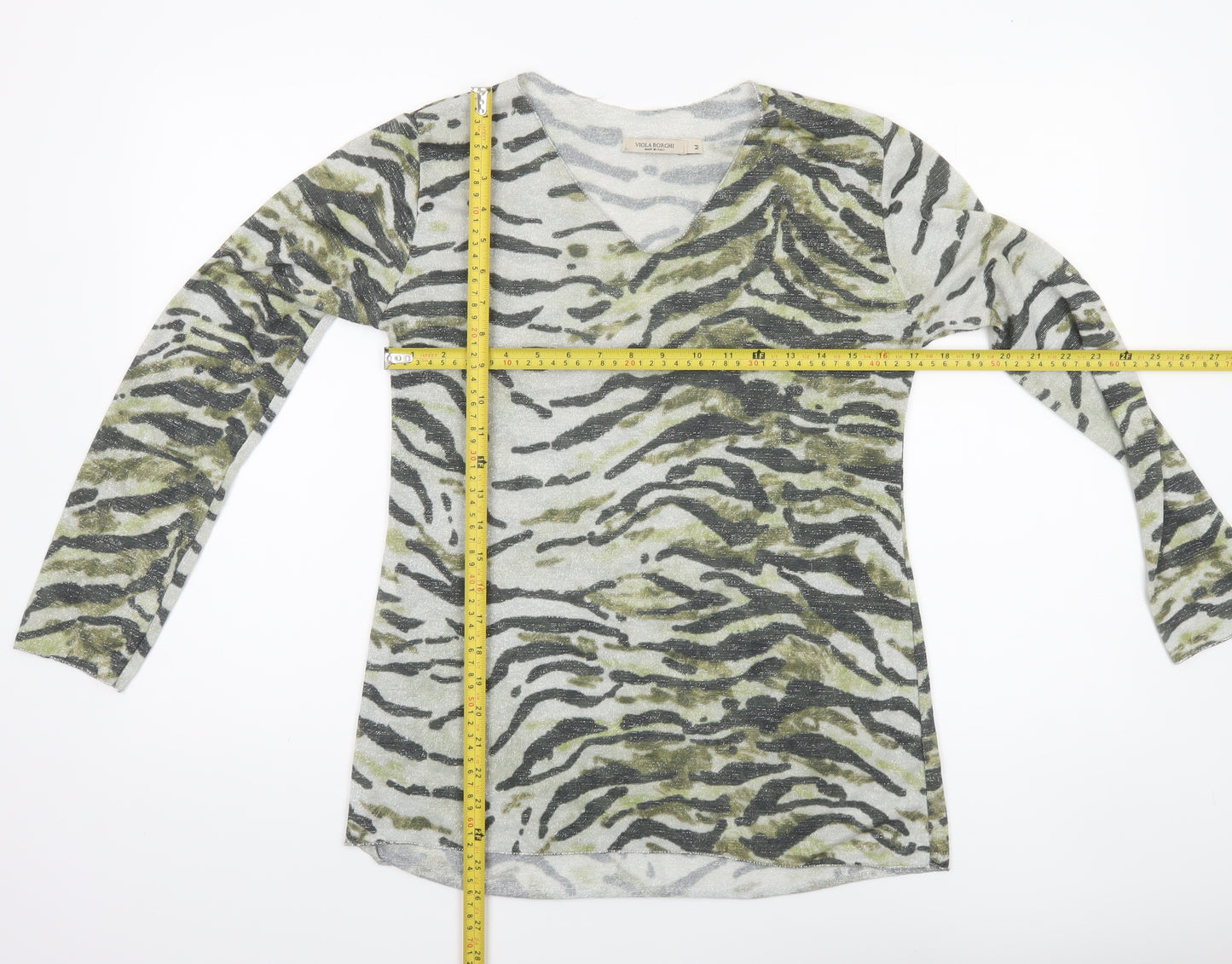 Viola Borghi Women’s Green Animal Print V-Neck Long Sleeve Top M
