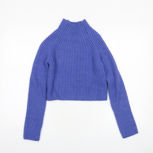 Monki Womens Blue Ribbed Mock Neck Long Sleeve Pullover Jumper XXS