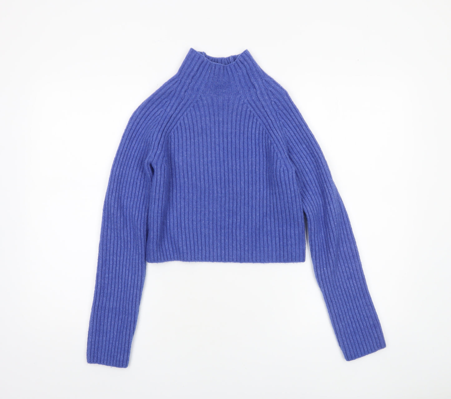 Monki Womens Blue Ribbed Mock Neck Long Sleeve Pullover Jumper XXS