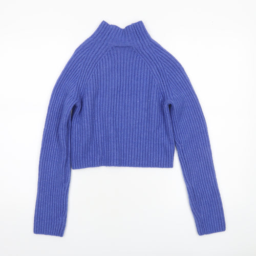 Monki Womens Blue Ribbed Mock Neck Long Sleeve Pullover Jumper XXS