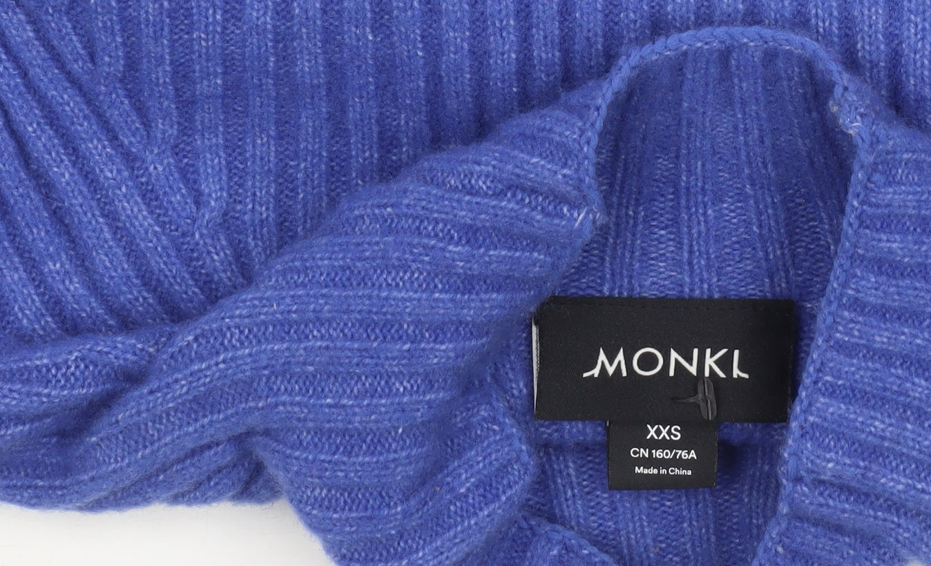 Monki Womens Blue Ribbed Mock Neck Long Sleeve Pullover Jumper XXS