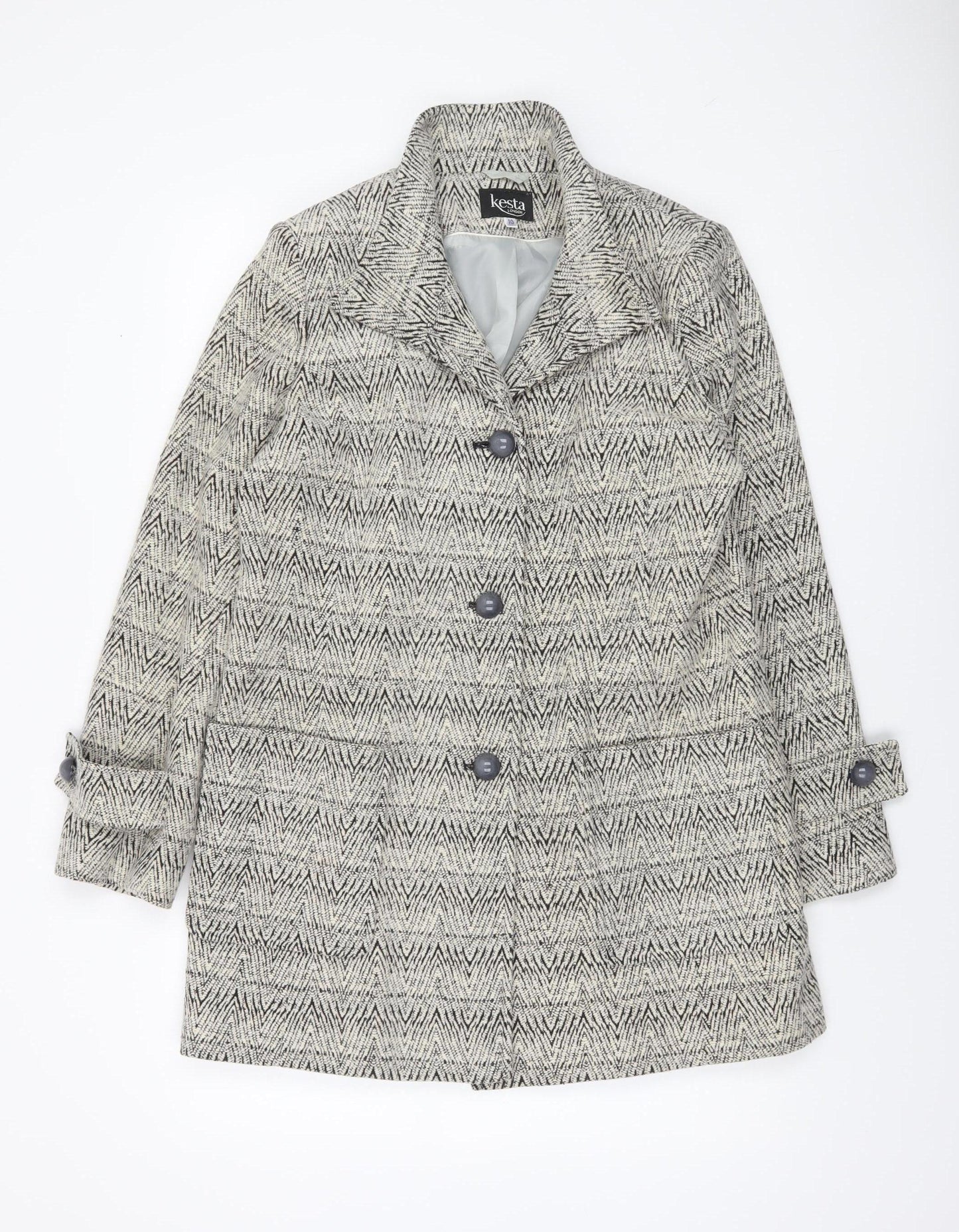 Kesta London Womens Grey Herringbone Wool Blend Mid-Length Coat Size 10