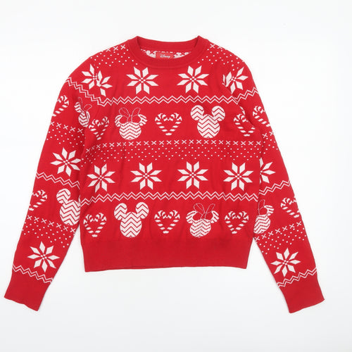 Disney Women’s Red Christmas Mickey Mouse Fair Isle Jumper Size S